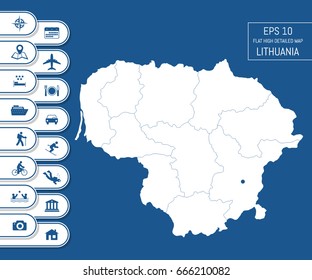 Flat high detailed Lithuania map. Divided into editable contours of administrative divisions. Vacation and travel icons. Template for your design works. Vector illustration.