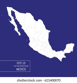 Flat high detailed Mexico map. Divided into editable contours of administrative divisions. Template for your design works. Vector illustration.