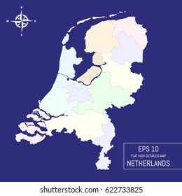 Flat high detailed Netherlands map. Continental part and islands. Divided into editable contours of administrative divisions. Template for your design works. Vector illustration.