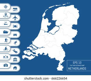 Flat high detailed Netherlands map. Divided into editable contours of administrative divisions. Vacation and travel icons. Template for your design works. Vector illustration.