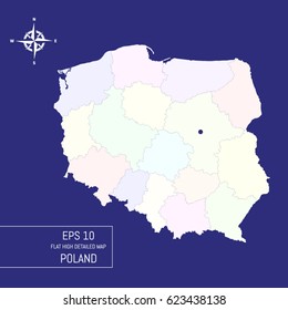 Flat high detailed Poland map. Divided into editable contours of administrative divisions. Template for your design works. Vector illustration.