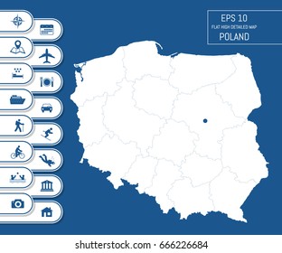 Flat high detailed Poland map. Divided into editable contours of administrative divisions. Vacation and travel icons. Template for your design works. Vector illustration.