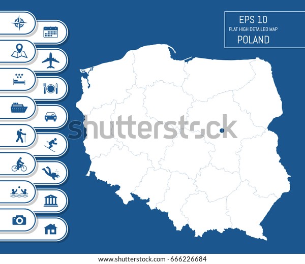 Flat high\
detailed Poland map. Divided into editable contours of\
administrative divisions. Vacation and travel icons. Template for\
your design works. Vector\
illustration.
