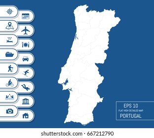 Flat high detailed Portugal map. Divided into editable contours of administrative divisions. Vacation and travel icons. Template for your design works. Vector illustration.