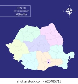 Flat high detailed Romania map. Divided into editable contours of administrative divisions. Template for your design works. Vector illustration.
