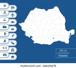 Flat high detailed Romania map. Divided into editable contours of administrative divisions. Vacation and travel icons. Template for your design works. Vector illustration.