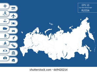 Flat high detailed Russia map. Lakes in separate layer. Divided into editable contours of administrative divisions. Vacation and travel icons. Template for your design works. Vector illustration.