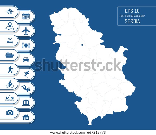 Flat high\
detailed Serbia map. Divided into editable contours of\
administrative divisions. Vacation and travel icons. Template for\
your design works. Vector\
illustration.