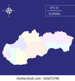 Flat high detailed Slovakia map. Divided into editable contours of administrative divisions. Template for your design works. Vector illustration.