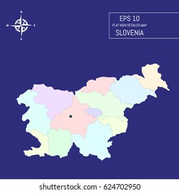Flat high detailed Slovenia map. Divided into editable contours of administrative divisions. Template for your design works. Vector illustration.