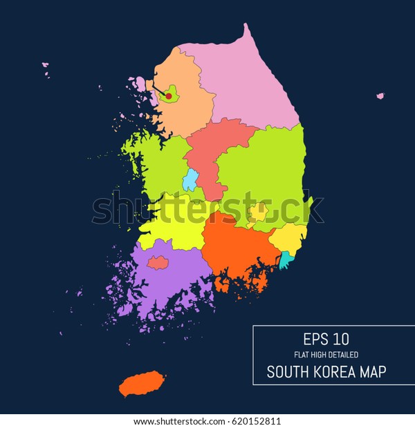 Flat high detailed South\
Korea map. Divided into editable provinces contours. Continental\
part and islands. Template for your design works. Vector\
illustration.