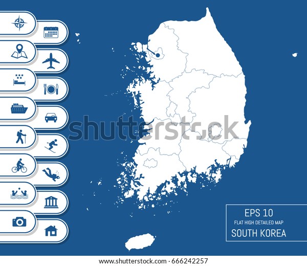 Flat high\
detailed South Korea map. Divided into editable contours of\
administrative divisions. Vacation and travel icons. Template for\
your design works. Vector\
illustration.