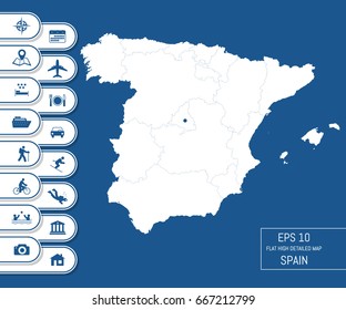 Flat high detailed Spain map. Divided into editable contours of administrative divisions. Vacation and travel icons. Template for your design works. Vector illustration.