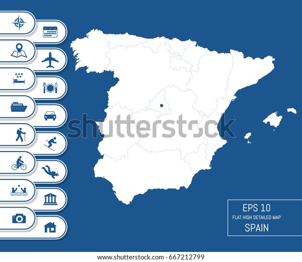 Flat high\
detailed Spain map. Divided into editable contours of\
administrative divisions. Vacation and travel icons. Template for\
your design works. Vector\
illustration.