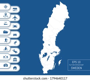 Mapa plano de Suecia. Dividido en contornos editables de divisiones administrativas. Iconos de vacaciones y viajes. La plantilla para el diseño funciona. Ilustración vectorial.