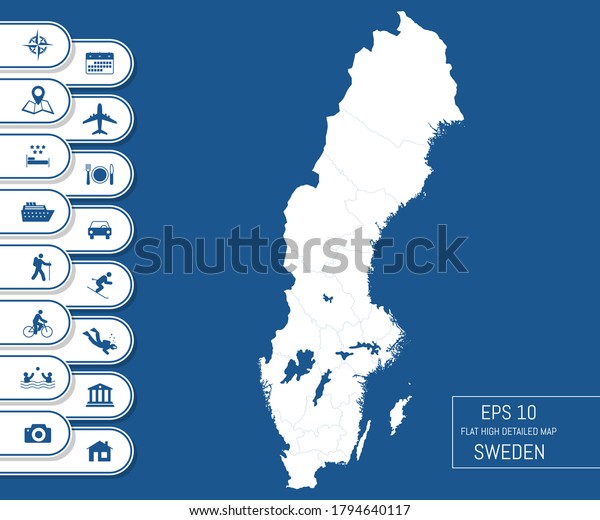 Flat high\
detailed Sweden map. Divided into editable contours of\
administrative divisions. Vacation and travel icons. Template for\
your design works. Vector\
illustration.