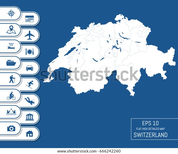 Flat high\
detailed Switzerland map. Divided into editable contours of\
administrative divisions. Vacation and travel icons. Template for\
your design works. Vector\
illustration.