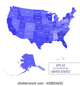 Flat high detailed United States map. Divided into editable contours of states. Template for your design works. Vector illustration.