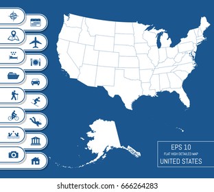 Flat high detailed United States map. Divided into editable contours of administrative divisions. Vacation and travel icons. Template for your design works. Vector illustration.