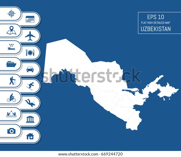 Flat high\
detailed Uzbekistan map. Divided into editable contours of\
administrative divisions. Vacation and travel icons. Template for\
your design works. Vector\
illustration.