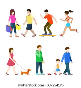 Flat high quality city pedestrians icon set. Shopper runner dachshund hound dog walker dad son skate-board rider. Build your own world web infographic collection.