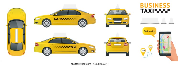 Flat high quality city service transport icon set. Car taxi. Build your own world web infographic collection. Taxi branding mockup. View from side, front, back and top.