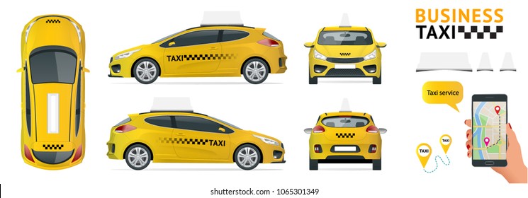 Flat high quality city service transport icon set. Car taxi. Build your own world web infographic collection. Taxi branding mockup. View from side, front, back and top.