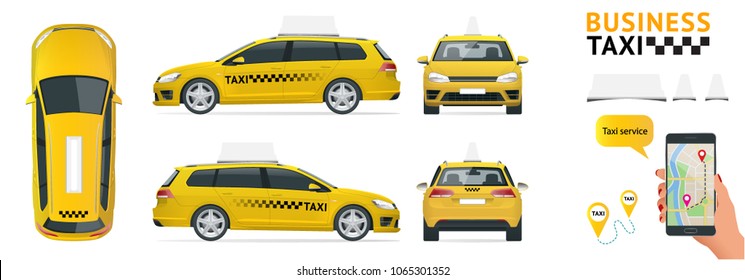 Flat high quality city service transport icon set. Car taxi. Build your own world web infographic collection. Taxi branding mockup. View from side, front, back and top.
