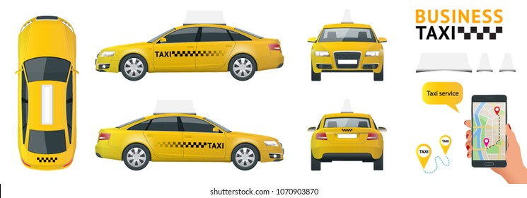 Плоский высококачественный городской сервис транспорт набор иконок. Автомобильное такси. Создайте свою собственную коллекцию инфографики в Интернете. Макет брендинга такси. Вид сбоку, спереди, сзади и сверху.