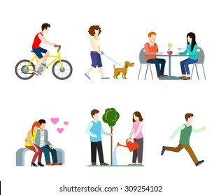 Flat high quality city street pedestrians icon set. Bicycle rider dog walker cafe table bench romantic lovers tree watering runner. Build your own world web infographic collection.