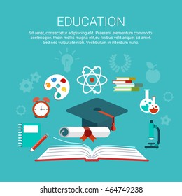 Flat high school and college objects: diploma, graduation cap, book, notebook, microscope, paint, palette, flask vector illustration. Education infographics concept.
