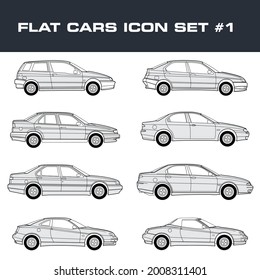 Flat High-Quality Cars Outline Icon Set. Side View Sedan, Hatchback, Coupe, Convertible, Targa Tops Body Style. Transportation Automobiles Vehicles Pictograms of Car isolated Vector Illustration