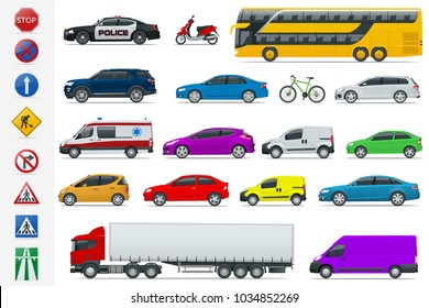 Flat high-quality city transport cars and road signs icon set. Side view sedan, van, cargo truck, off-road, bus, scooter, motorbike. Urban public, freight transport for infographics and design