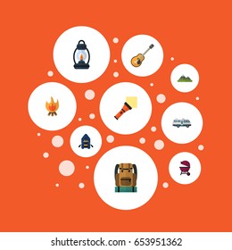 Flat Hill, Music, Fire And Other Vector Elements. Set Of Camping Flat Symbols Also Includes Fire, Strings, Caravan Objects.