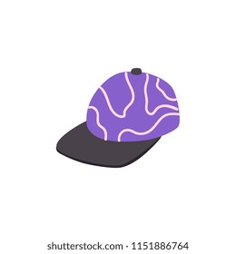 Flat hip hop, rap style purple cap in hand drawn icon style. Baseball sport clothing, fashion accessory. Vector isolated illustration.