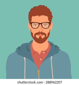 Flat Hipster Character. Stylish Young Guy With Glasses. Avatar Icon. Man Vector Illustration. Eps10