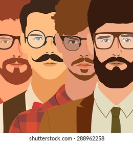 flat hipster characters. stylish young guys with glasses background. vector illustration. eps10