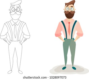 Flat hipster designer character vector and black and white version. Coloring page