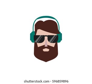 Flat hipster head. Icon. Glasses. Headphones. Simple style.