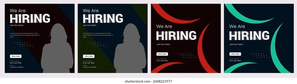 Flat Hiring announcement social media post design.Modern and creative hiring square banner template design.We are hiring job vacancy,Digital Marketing agency social media post.Set of editable square 