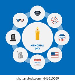 Flat History, American Banner, Fire Wax And Other Vector Elements. Set Of History Flat Symbols Also Includes Day, Glasses, American Objects.