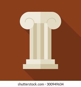 Flat History Ancient Ionic Pillar Illustration with long Shadow. Historical Building Vector Illustration. Column Object.