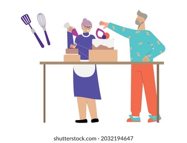 Flat hobby composition with happy senior people cooking cake together vector illustration