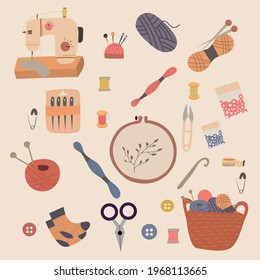 Flat hobby set. A collection of retro textiles. Colorful flat vector illustration. Vector illustration design. Sewing and Embroidery kit