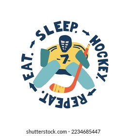 Flat Hockey Emblem with a goalie. Ice Hockey Label with motto and goalkeeper. Simple, doodle, cartoon, hand drawn 