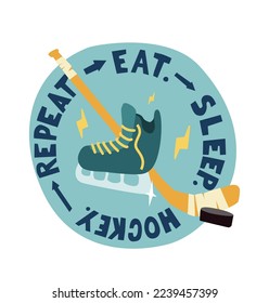 Flat Hockey Emblem with a stick, puck and skate. Ice Hockey Label with motto. Simple, doodle, cartoon, hand drawn 