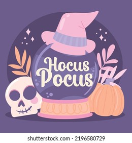 Flat hocus pocus illustration for halloween Holiday calligraphy and spider   web for banner  poster  greeting card  party invitation Vector EPS 10 Scary pumpkins  skull  witch hat  stars 
