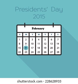 Flat holiday calendar icon. 16th of February, 2015. Presidents' Day