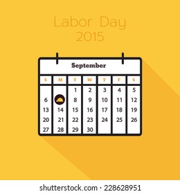Flat holiday calendar icon. 7th of September, 2015. Labor Day