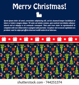 Flat holiday card with text field and colorful christmas trees pattern vector illustration